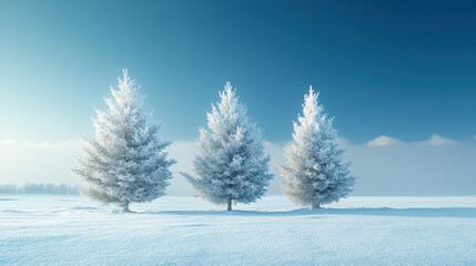 Fototapeta premium Three Christmas trees isolated on blue sky background
