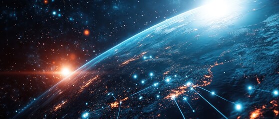 Fototapeta premium A view of the Earth from space with a bright orange sun in the background
