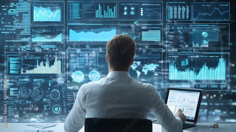 Poster analyst reviewing global data trends on multiple screens
