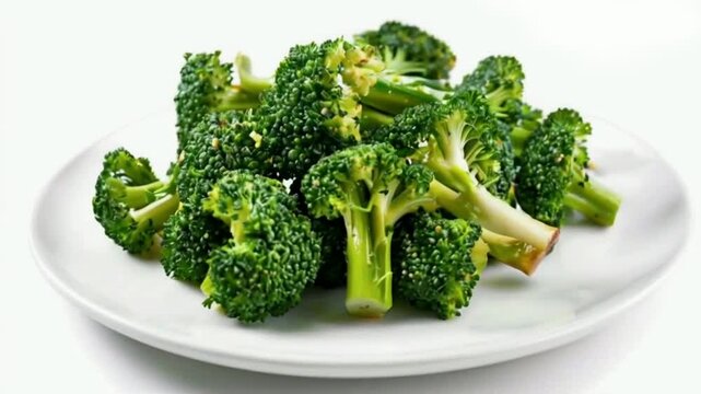 Rotate Plate with Broccolini on white background. French pastry High quality HD 4K Video Clip