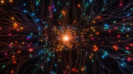 Fototapeta premium A vibrant and dynamic display of colorful lights radiating from a central point, creating an energetic, cosmic-like pattern.