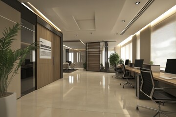 Modern office interior with sleek design and workstations.