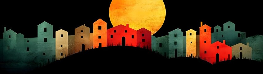 A colorful silhouette of a hillside community at sunset, featuring houses in varying shades of green, orange, and red against a vibrant yellow sun.