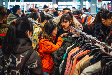 Shoppers grapple for discounted clothes, showcasing the frenzy of a sale event