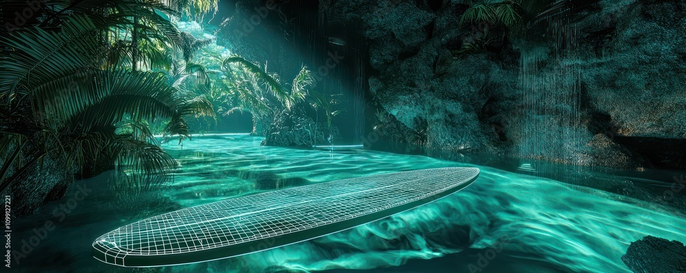 Aufkleber vr tropical setting featuring a wireframe paddleboard in high-resolution ar display.