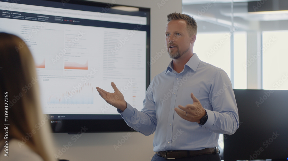Poster Strategic Presentation: A confident businessman delivers a compelling presentation, his gestures emphasizing key data points displayed on a large screen.