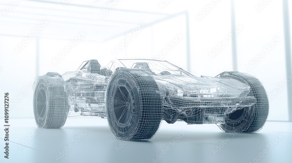 Poster minimalist background enhances the wireframe structure of a futuristic vehicle in ar.