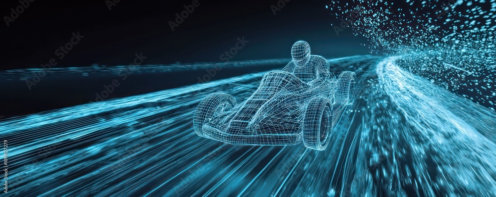 Poster digital icy track in ar features a speeding wireframe model of a racing sled.