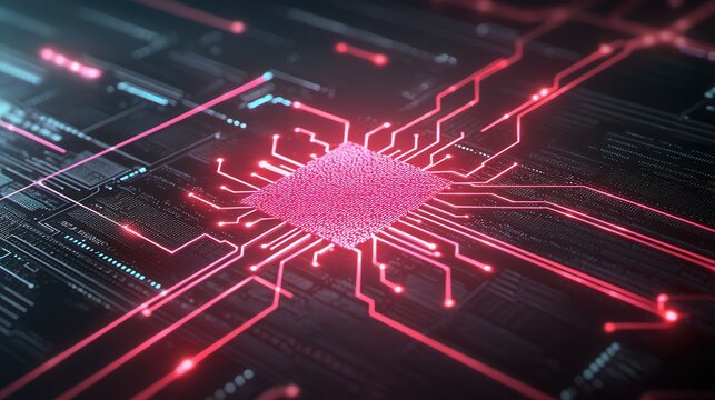 A vibrant digital visualization of a microchip with glowing circuits, symbolizing advanced technology and innovation.