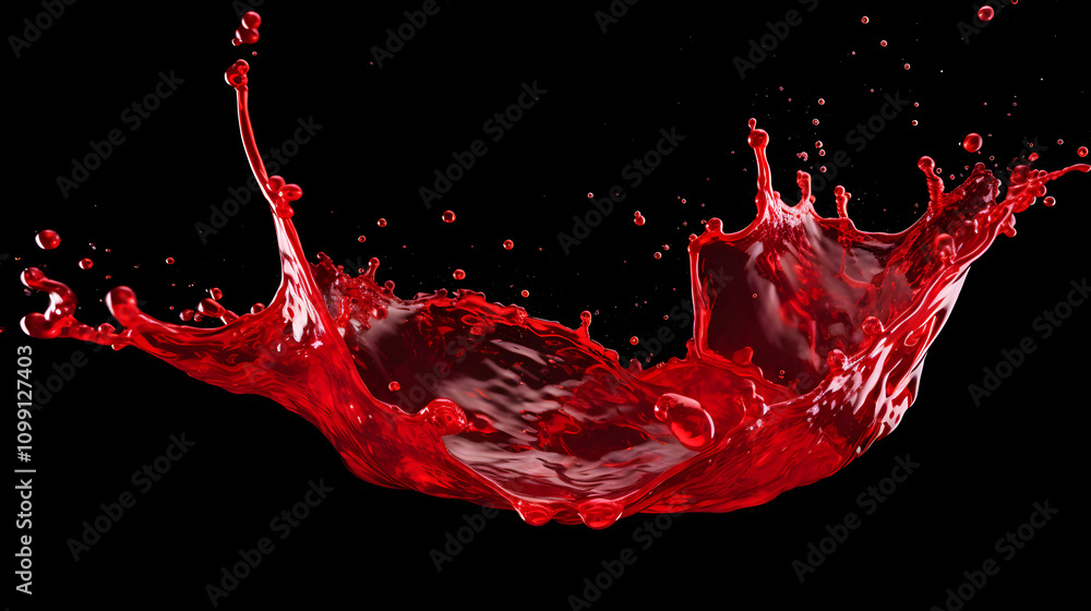 Poster a dynamic splash of red liquid against a black background, emphasizing motion and fluidity.