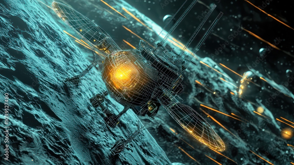 Poster virtual interstellar exploration scenario in ar featuring a wireframe space probe.