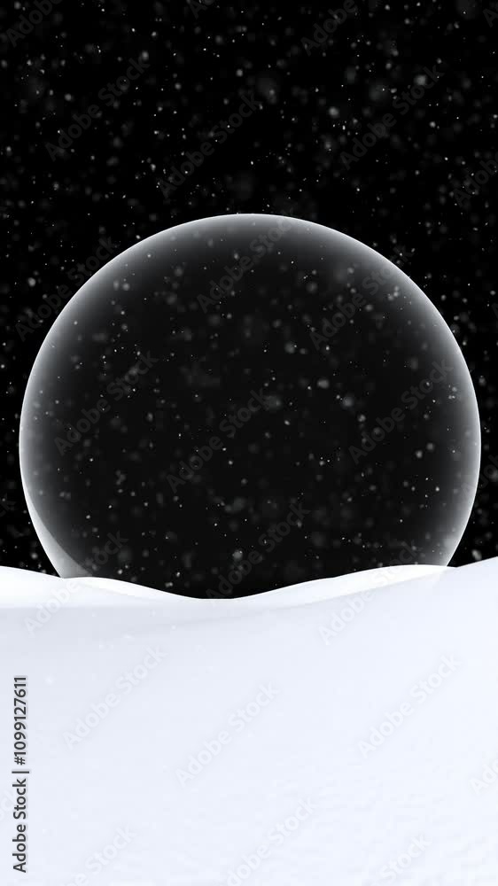 Poster snowy white landscape with with empty glass globe and snowfall loop vertical background.