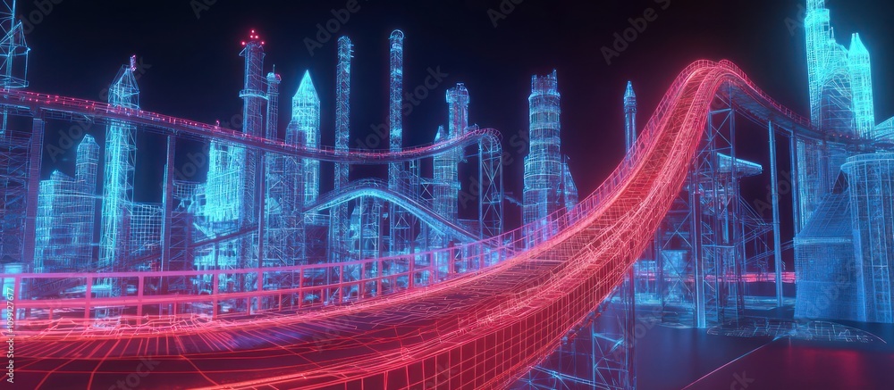 Poster augmented reality simulation of a wireframe roller coaster set in a high-tech amusement park.