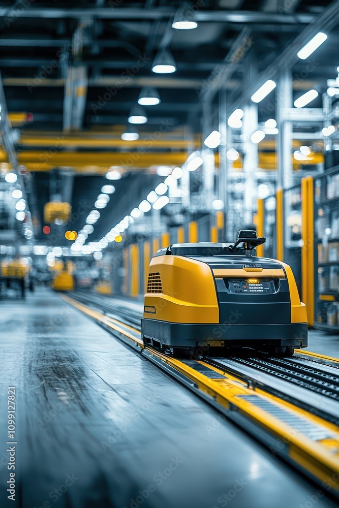 Poster agv in a production facility transports materials across lines in a streamlined process.