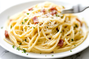 A steaming plate of creamy spaghetti carbonara with freshly grated parmesan, crispy pancetta bits, and a sprinkle of parsley, served on a white plate with a fork twirling a bite. 
