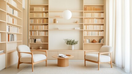 Cozy and Minimalist Living Room with Natural Wood Shelves and Soft Armchairs, Inviting Atmosphere for Reading and Relaxing in Modern Home Interior Design