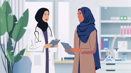 Muslim woman visiting doctor for regular check-up.