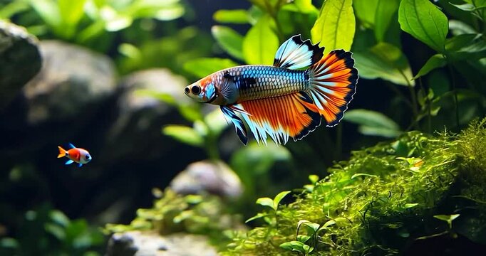 A breathtaking aquarium scene, where a male guppy fish with a striking orange, white, and blue pattern is swimming against a backdrop of mossy rocks and lush aquatic plant