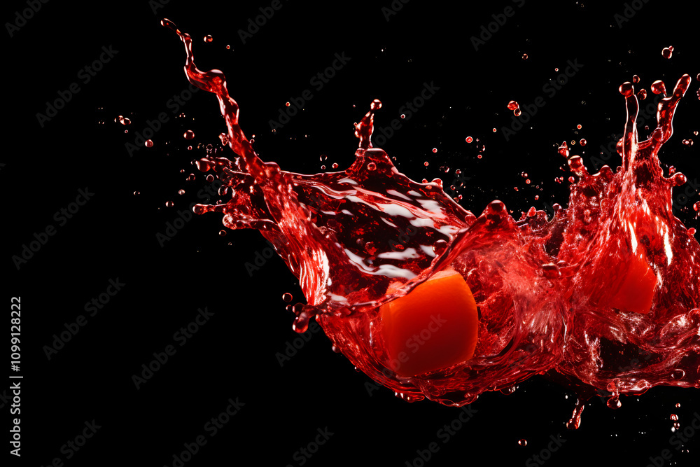 Poster a dynamic splash of red liquid with an orange object, showcasing motion and contrast.
