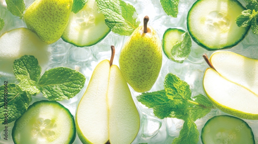 Aufkleber fresh pears and cucumbers with mint on ice, creating a refreshing visual appeal.
