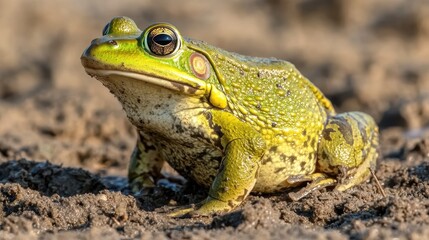 Obraz premium Close-Up View of a Vibrant Green Frog Sitting on Dry Ground with Clear Skin Texture and Distinctive Features, Capturing Nature’s Beauty and Wildlife Detail