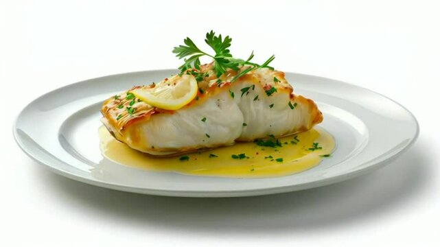 Rotate Plate with Haddock on white background. French pastry High quality HD 4K Video Clip