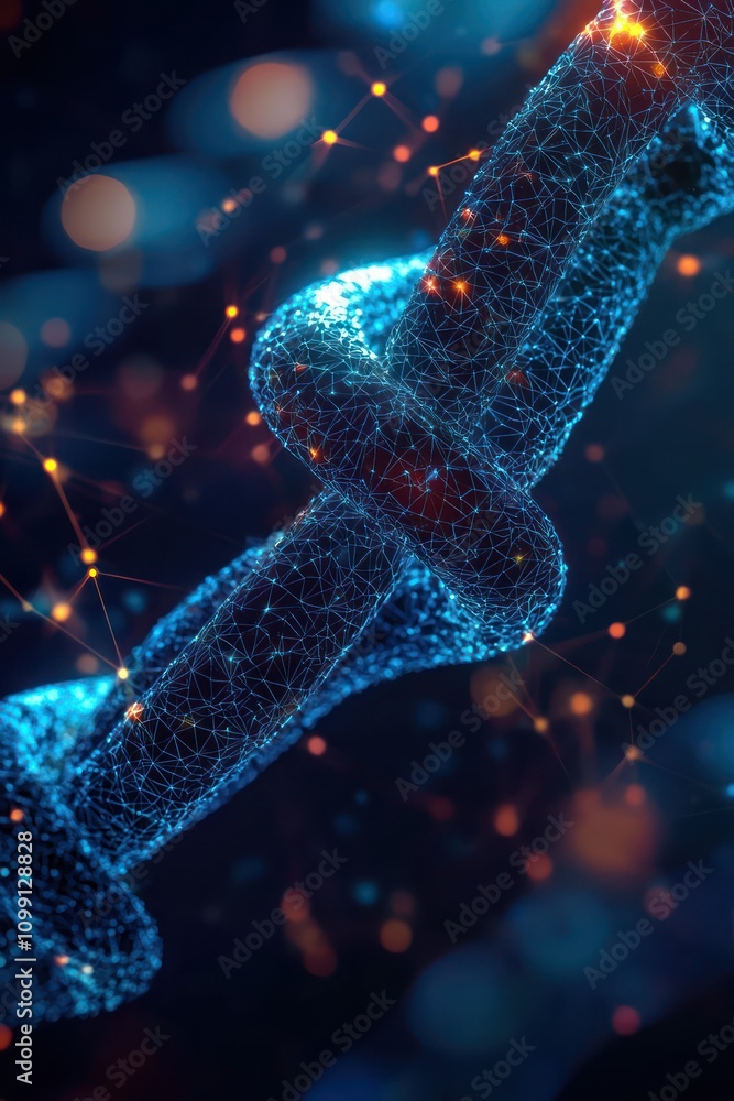 Poster blockchain technology shown as a secure network of data for cybersecurity.