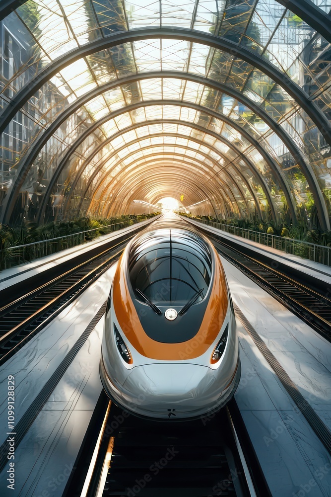 Poster digital representation of a high-speed railway bullet train in 3d, highlighting rail technology.