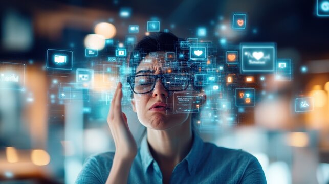 Woman with glasses feeling overwhelmed by digital notifications and social media icons illustrating the impact of technology on mental health - Powered by Adobe