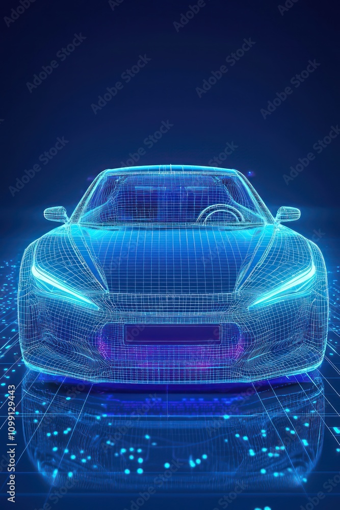 Poster futuristic car front displayed in wireframe on a blue background via ar.