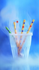 A colorful drink with straws surrounded by mist, creating a vibrant and playful atmosphere.