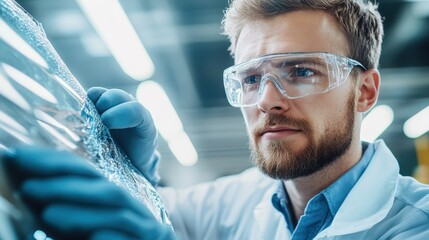 Fototapeta premium Focused Male Technician Inspecting Metal Surface with Protective Gear in Industrial Workshop, Safety Goggles, and Blue Gloves for Quality Control