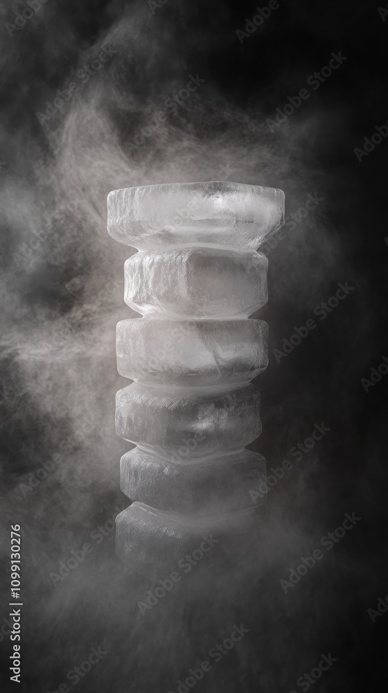 Poster a stack of ice discs surrounded by mist, creating a mysterious atmosphere.