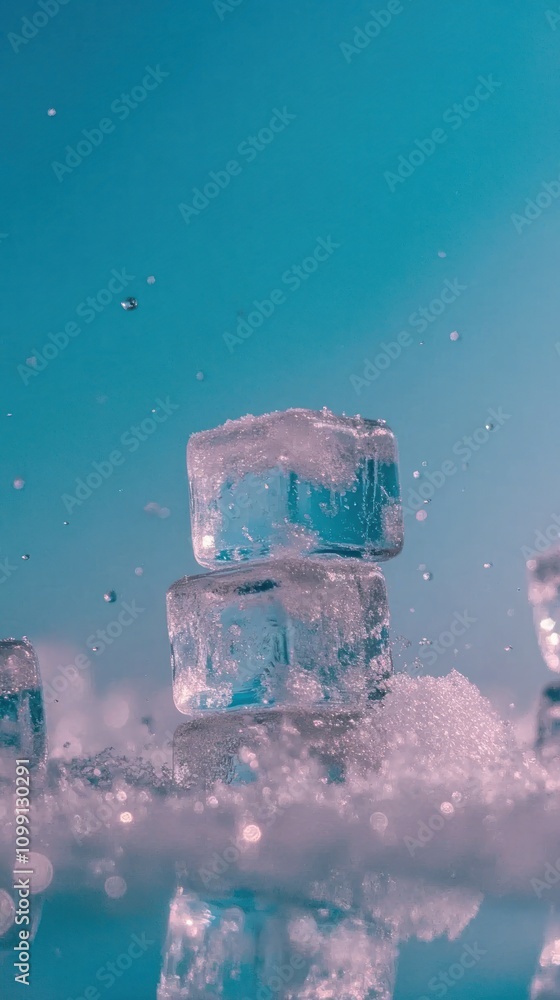 Poster ice cubes stacked with bubbles and a blue background, creating a refreshing visual effect.