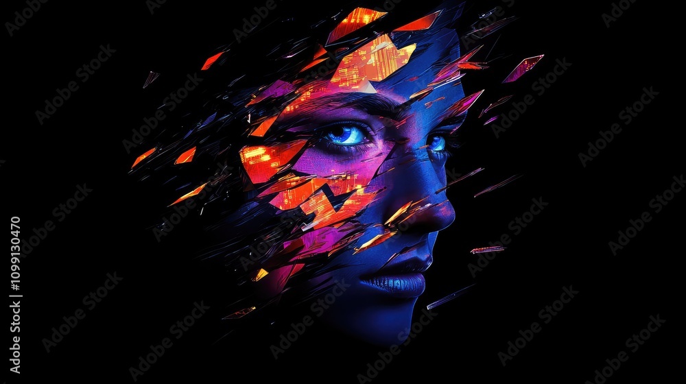 Poster abstract face made from colorful data shards, each fragment glowing in electric hues against a dark 