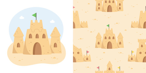 Seamless pattern with sandcastles on the beach