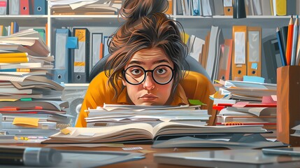 Overwhelmed woman buried in paperwork.