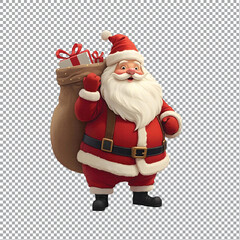 Fototapeta premium A santa claus carrying a bag of gifts on a transparent background