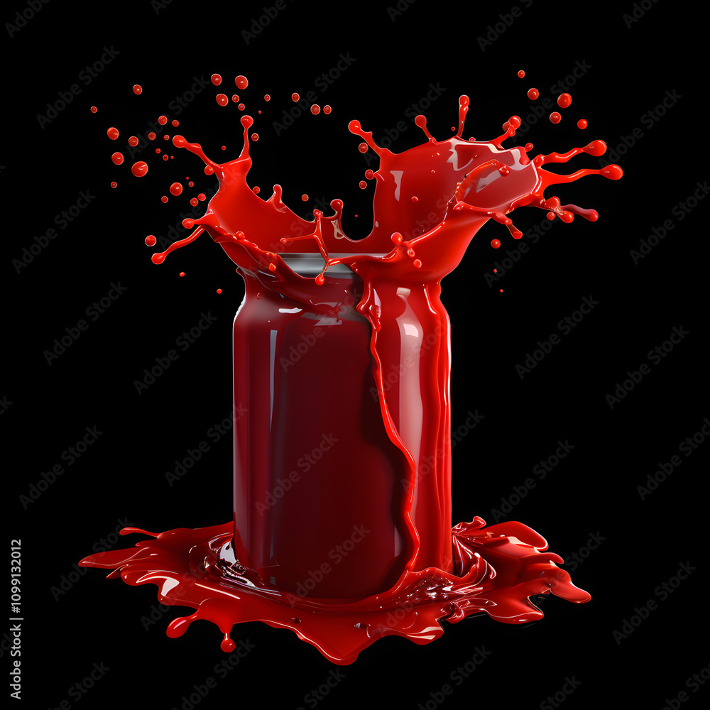 Poster a jar splashing red liquid, creating a dynamic and vibrant visual effect.