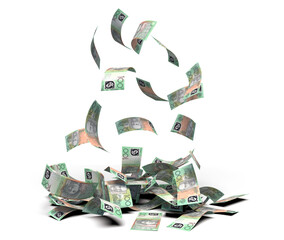 Falling Australian 100 dollar bills banknote transparent image 3d rendering, mette shadow ready