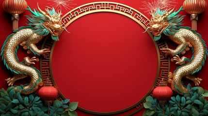 Obraz premium Vibrant chinese dragons surrounding ornate red and gold circular frame