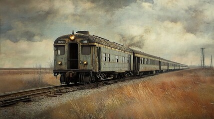 Obraz premium Nostalgic Journey: A Vintage Train Rolling Through the Prairie