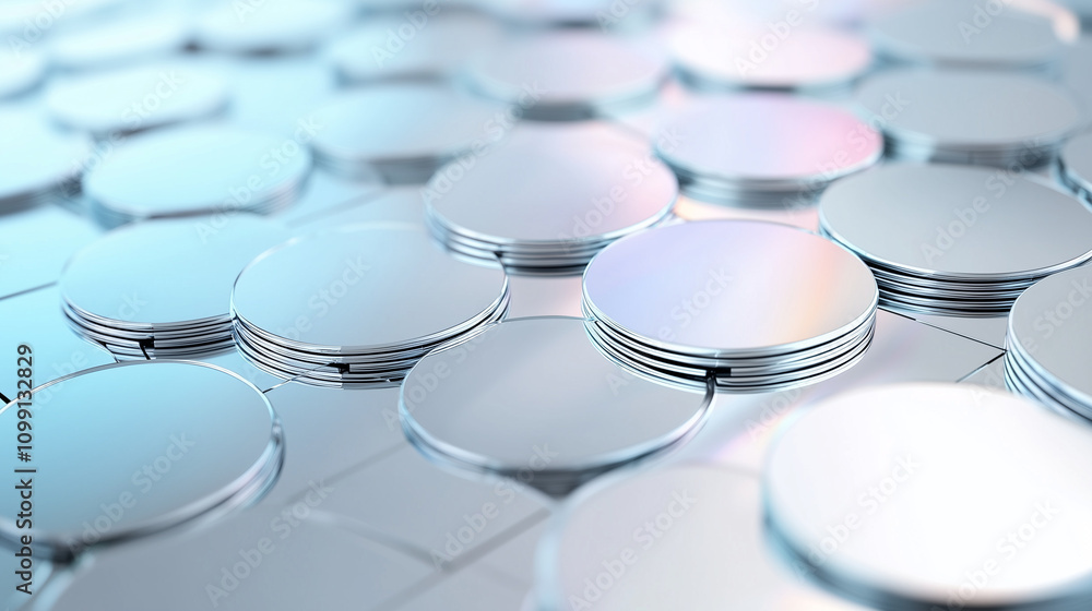 Poster silver discs: a mesmerizing abstract composition featuring an array of gleaming, circular silver dis