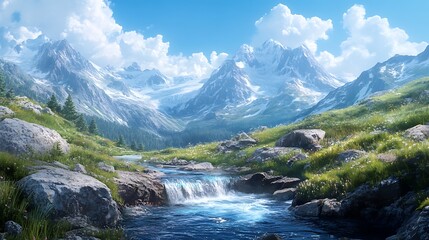 Obraz premium A rugged alpine scene with a glacial stream winding through a valley