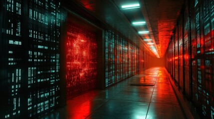 Fototapeta premium Futuristic server room corridor with glowing red and teal data panels.