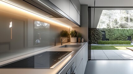 A modern, minimalist kitchen design viewed, built-in range hood is seamlessly embedded in the cabinetry, achieving a flush, integrated look. The range hood is in action, showing strong air flow.