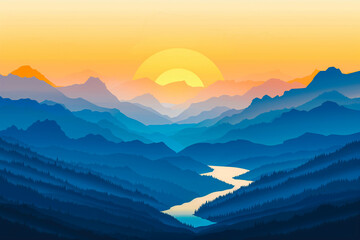 Sunrise over the mountains flat isolated style illustration