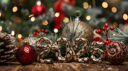 Christmas decoration with New Year number 2025 on a table in snake style 