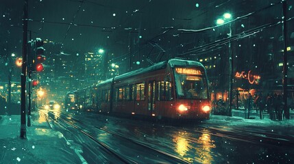 Obraz premium Night Tram Ride Through Snowy City Streets: A Captivating Winter Scene