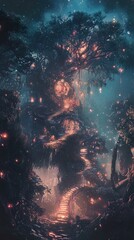 Obraz premium Enchanted Forest at Night: A Magical Journey Through a Dreamlike Landscape